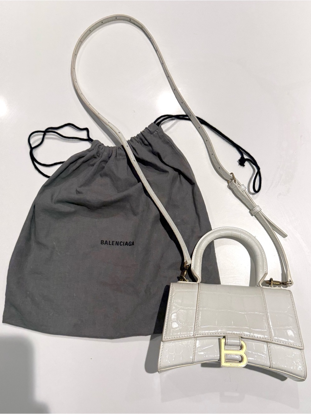 Balenciaga White Croc-Embossed Mini Hourglass Top Handle Bag